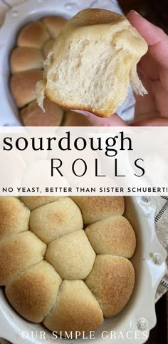 a person holding a piece of bread in their hand with the words sourdough rolls on it