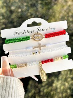 4pcs/Set Fashion Mexican Series Cross Virgin Mary Bracelets With Card, Red White Green Braided Bracelet Adjustable Women's Bracelet  Christmas Gift Multicolor    Polyester     Women Fashion Jewelry, size features are:Bust: ,Length: ,Sleeve Length: Mexican Bracelets Handmade, Mexican Jewelry Bracelets, Mexican Bracelets, Rapper Jewelry, Latest Bracelets, Wrist Jewelry, Mexican Jewelry, Beads Bracelet Design, Christmas Bracelet