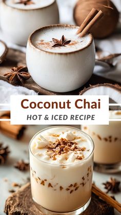 coconut chai hot and iced recipe with cinnamon on the side, topped with star anise