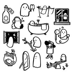 black and white halloween doodles with ghost, pumpkins, bats, tombstones