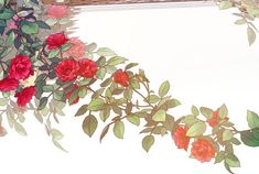 an artistic painting of red flowers and green leaves