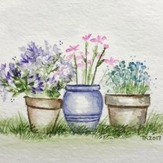 watercolor painting of three pots with flowers in them, one blue and the other white