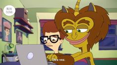 a cartoon character is looking at a laptop screen with an evil demon on his face