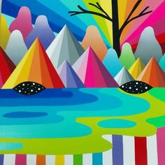 an abstract painting of mountains and trees with water in the foreground, on a multi - colored background