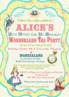 an alice's wonderland tea party is featured in this poster for the children's birthday