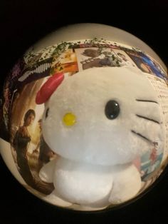 a white hello kitty stuffed animal with pictures on it's back and the top part of its head