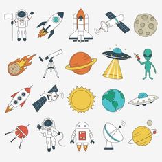 an image of different space related items in color and black and white stockvectors