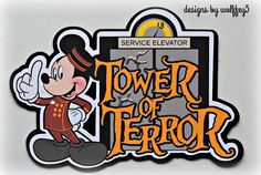 the logo for service elevator tower of terror, featuring mickey mouse and goofy character in orange