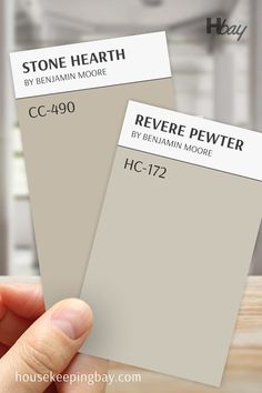 Comparison of Benjamin Moore Stone Hearth 984 and Revere Pewter HC-172. Stone Hearth offers a warm taupe tone, while Revere Pewter is a balanced greige with beige and gray undertones, ideal for neutral and versatile interiors. Stone Hearth Benjamin Moore, Himalayan Trek, Pewter Benjamin Moore, Taupe Paint Colors, Stone Hearth, Revere Pewter Benjamin Moore, Balanced Beige, Appian Way