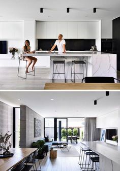 two pictures of the same kitchen and living room in one photo, there is a woman sitting at the bar