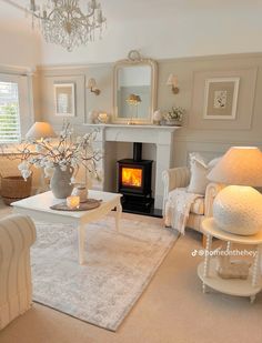 a living room filled with furniture and a fire place in the middle of the room