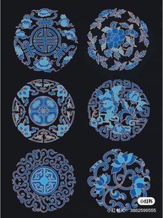 four blue and white plates with designs on them