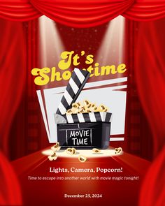 an advertisement for the movie show it's showtime with popcorn and film reels