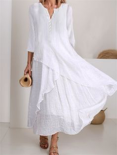 Women's White Cotton Linen Maxi Dress Sundress Swing Dress V-Neck Button 3/4 Sleeve Layered Loose Fit Casual Summer Spring 2024 2024 - $34.99 Plain White Maxi Dress, Linen Dress Women, Cotton Linen Dresses, Trends 2023, Cotton Blends Dress, Half Sleeve Dresses, Spring Fabric, 2024 Trends, Linnet