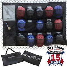 an assortment of baseball helmets on display in front of a chain link fence with the words dry erase included