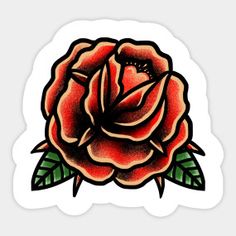 a red rose with green leaves sticker on the back of a white shirt that says,