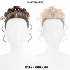 two white mannequin heads with curly hair on each head and the words bella hadida hair written below them