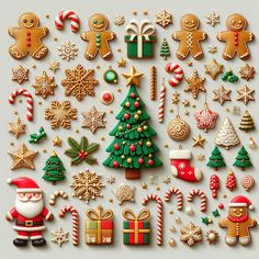 an assortment of christmas cookies and decorations