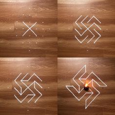 four different angles of the same design on a wood floor with a lit candle in between them