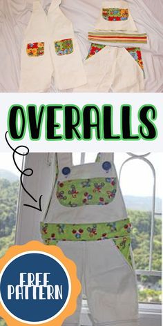 there are two pictures with the words overalls and an image of aprons on them