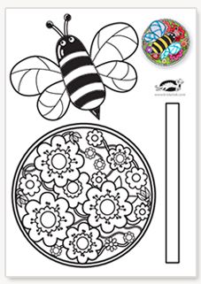 a coloring page with a bee on top of a plate and flowers in the bottom