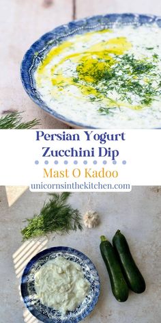 a bowl of yogurt with cucumbers and dill on the side