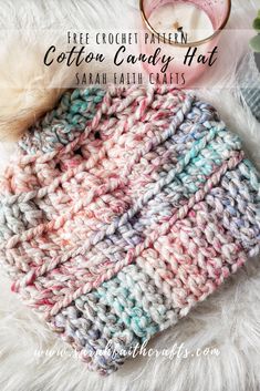 a crochet hat with text overlay that says free crochet pattern cotton candy hat