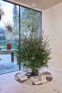 a small christmas tree sitting on top of a wooden table in front of a window