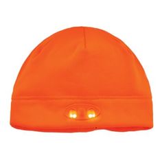 an orange light up beanie hat with two lights on the front and one in the middle