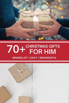 two people exchanging gifts with the words 70 + christmas gifts for him minimalist and easy