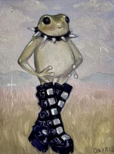 a painting of a frog with boots on it's legs, standing in the middle of a field