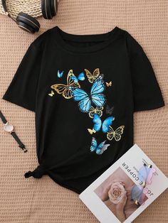 Teen Girl Butterfly Printed Round Neck Short Sleeve Casual T-Shirt, Summer Blue Casual  Short Sleeve Polyester Animal,Butterfly  Medium Stretch Summer Teen Girls Clothing, size features are:Bust: ,Length: ,Sleeve Length: Summer Teen, Teen Summer, Girls T Shirts, Teen Top, Summer Blue, Casual T Shirt, Butterfly Print, Kids Beachwear