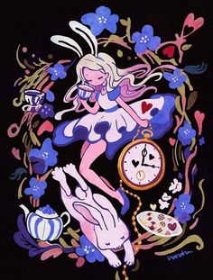 a painting of a woman with bunny ears and flowers around her body, holding a clock