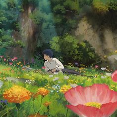 an anime scene with two people sitting in the grass