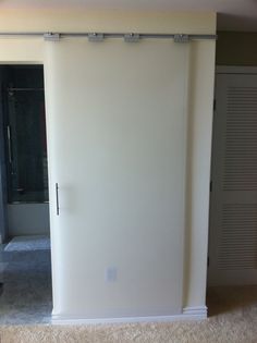 an empty room with a sliding door and carpeted floor in front of the closet