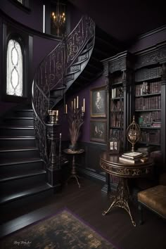 a spiral staircase in the middle of a room with bookshelves and tables on either side