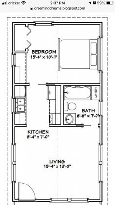 a floor plan for a small house with one bedroom and an attached living room area