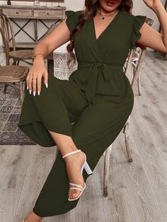 Plus Size Women V-Neck Simple Solid Color Jumpsuit With Cap Sleeve Army Green Casual  Cap Sleeve Fabric Plain Other Non-Stretch  Women Plus Clothing, size features are:Bust: ,Length: ,Sleeve Length: Solid Color Jumpsuits, Casual Cap, Plus Size Jumpsuit, Elegant Dresses Long, Sleeves (women), Kids Sleepwear, Solid Colour, Elegant Dress, Cap Sleeve