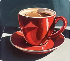 a painting of a red coffee cup on a saucer