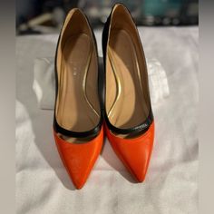 Beautiful Kurt Geiger Small Kitten Heel Pumps Two Toned, Made Of Leather Unique Combo. Small Scuffs On Toes Of Shoes A Good Shine And They Will Be Like Brand New. Retails @ $150 Bold Leather Closed Toe Heels, Bold Round Toe Heels For Formal Occasions, Bold Pointed Toe Heels For Formal Occasions, Formal Orange Heels With Reinforced Heel, Bold Fitted Leather Heels, Orange Leather Heels With 4-inch Heel, Bold Heels With Contrasting Heel Counter, Orange High Heels With Contrasting Heel Counter, Designer Orange Pointed Toe Heels