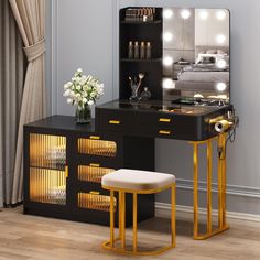 a vanity with stool and mirror in a room