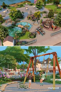 an artist's rendering of a park with swings and children playing in the water