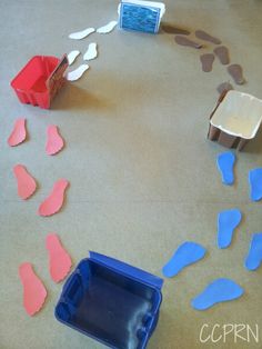 an image of footprints on the ground with paper and glue in it to make shapes