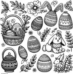 an easter coloring page with eggs and flowers