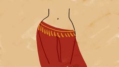 a drawing of a woman's torso in red and gold pants with no shirt on