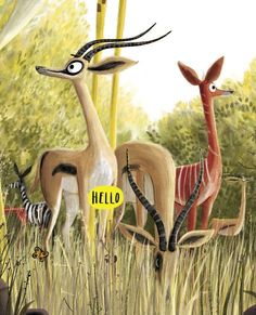 two antelopes are standing in tall grass with zebras behind them and the words hello written on their backs