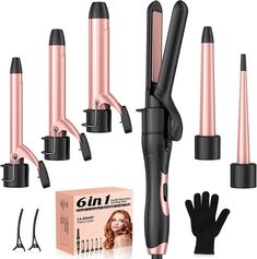 Wand Curling Iron, 6 in 1 Curling Wand Set with Flat Iron Hair Straightener, 0.35 to 1.25 Inch Ceramic Barrel Hair Curler Wand, Professional Dual Voltage Hair Styling Hot Tools for Travel, Home 【PROFESSIONAL HAIR STRAIGHTER AND CURLERS】This curling iron set makes things easier. Straightener, 1 1/4 inch, 1 inch, 3/4 inch barrel, 3/8 - 3/4 inch, 3/4 - 1 inch conical barrel, the hair curler set pretty much create all salon-quality hairstyle you desire. Straight, large loose or small tight curls, vi Hair Curler Wand, Wand Curling Iron, Flat Iron Hair, Curling Wand Set, Vintage Waves, Iron Hair, Hair Straighteners Flat Irons, Hair Straightening Iron