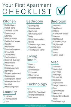 a checklist with the words, your first apartment checklist