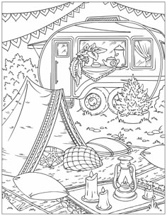 a coloring page with an image of a camper and tent in the middle of it