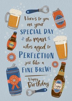 a birthday card with beer bottles and mugs